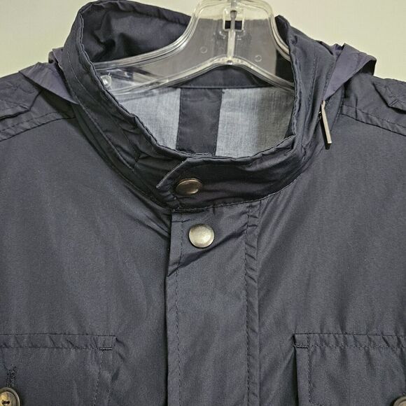 Original Navy Blue Windbreaker Parka Jacket Medium Zip Away Hood Lined Pockets - Picture 4 of 12